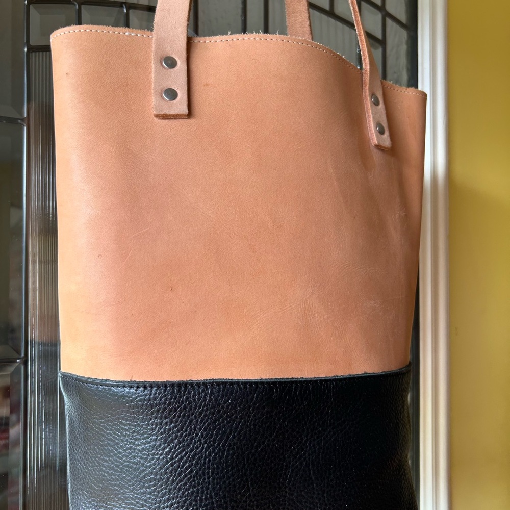 Elegant Tan and Black Leather Tote